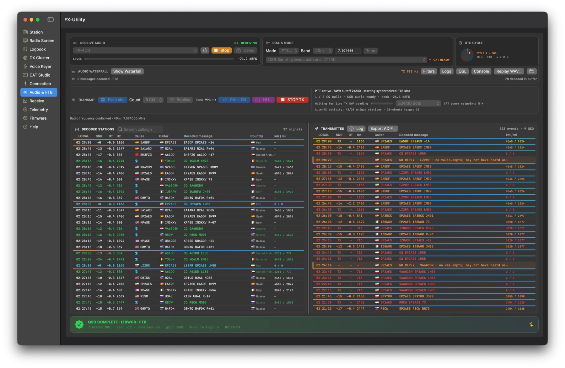 FX-Utility Audio & FT8 workspace receiving and exchanging FT8 messages