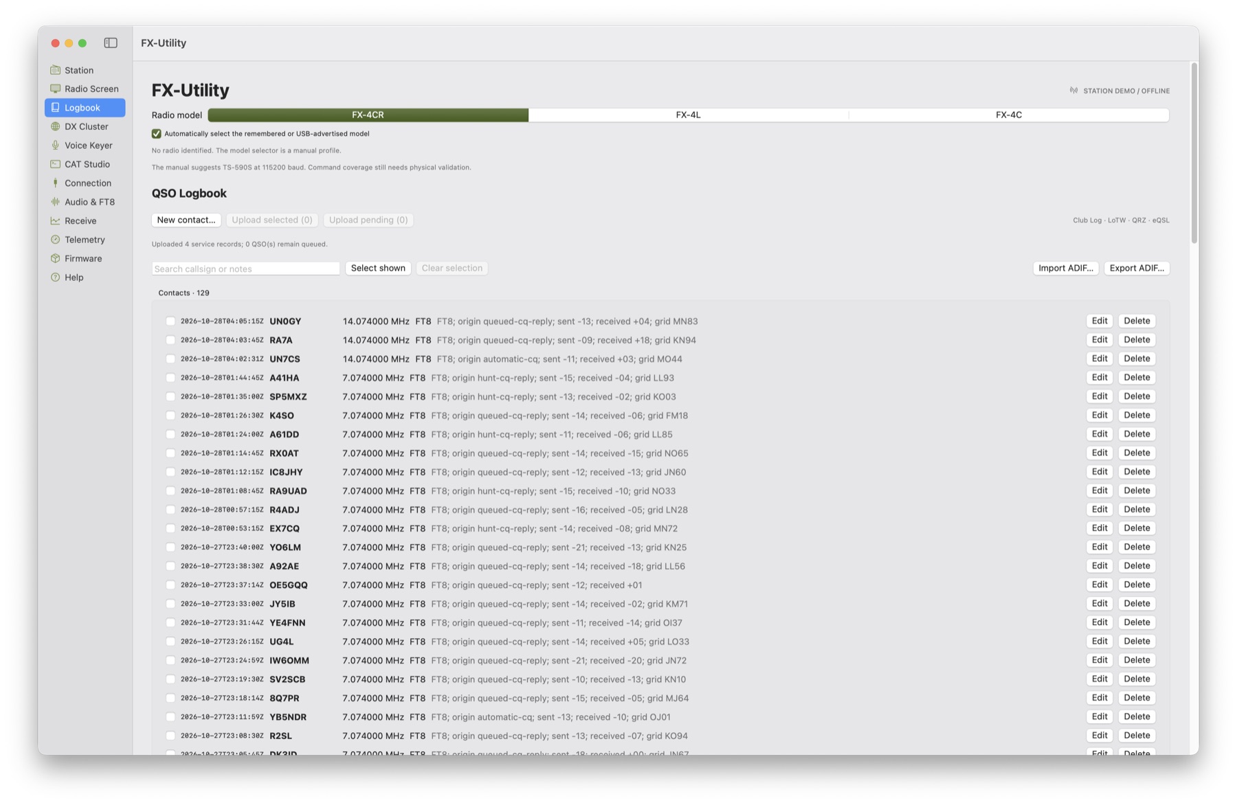 FX-Utility logbook showing UTC time, callsign, frequency, mode, reports, and grid