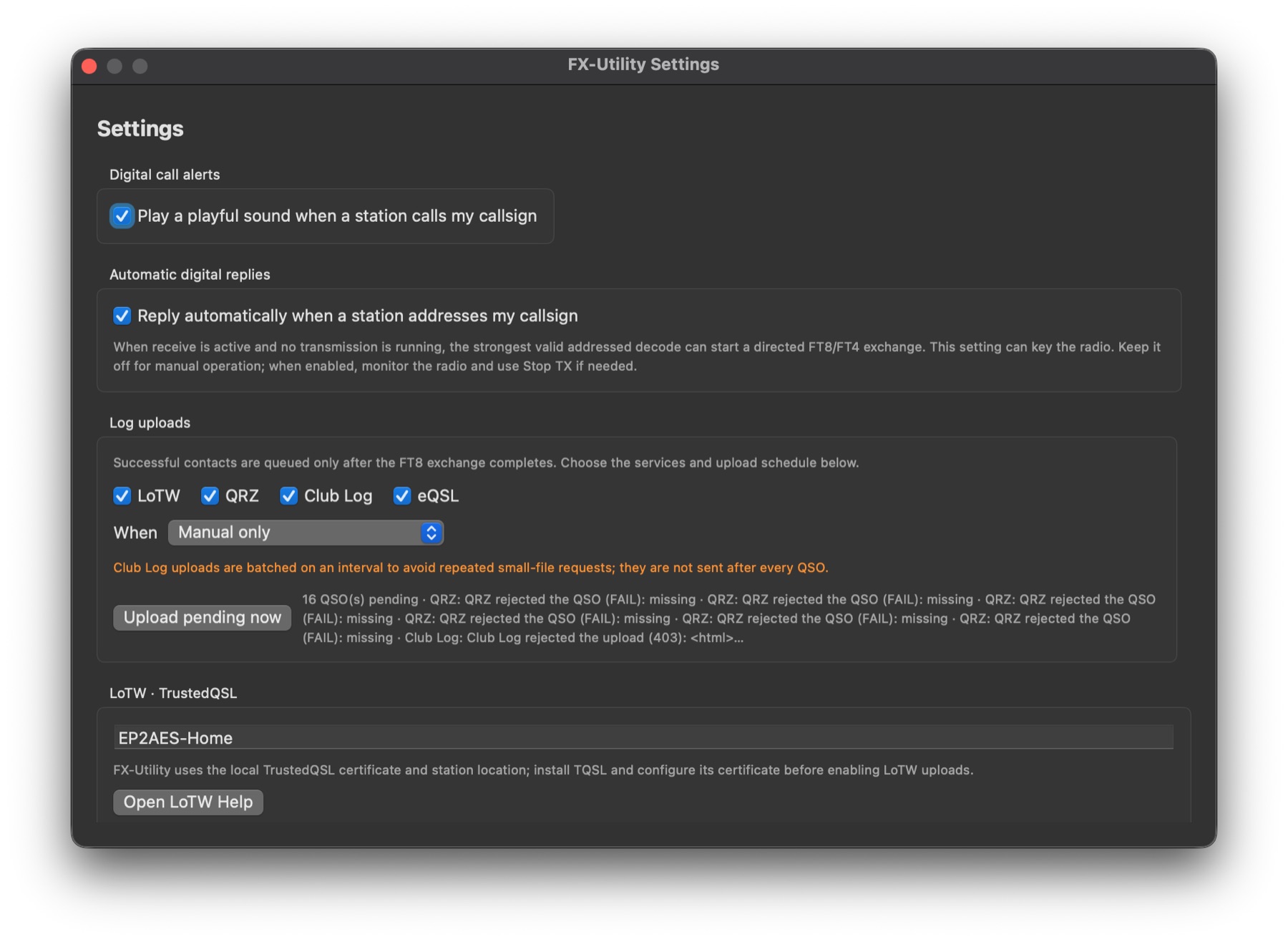 FX-Utility settings for digital alerts, automatic replies, and QSO uploads