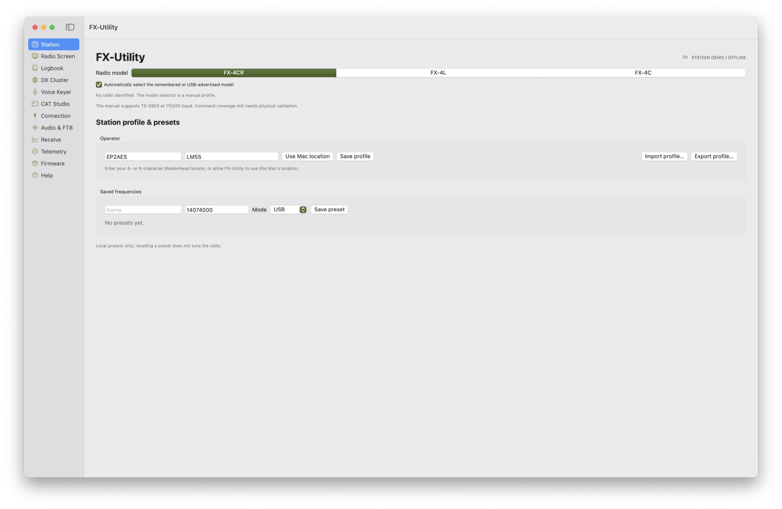 Station profile and FX radio model selection in FX-Utility