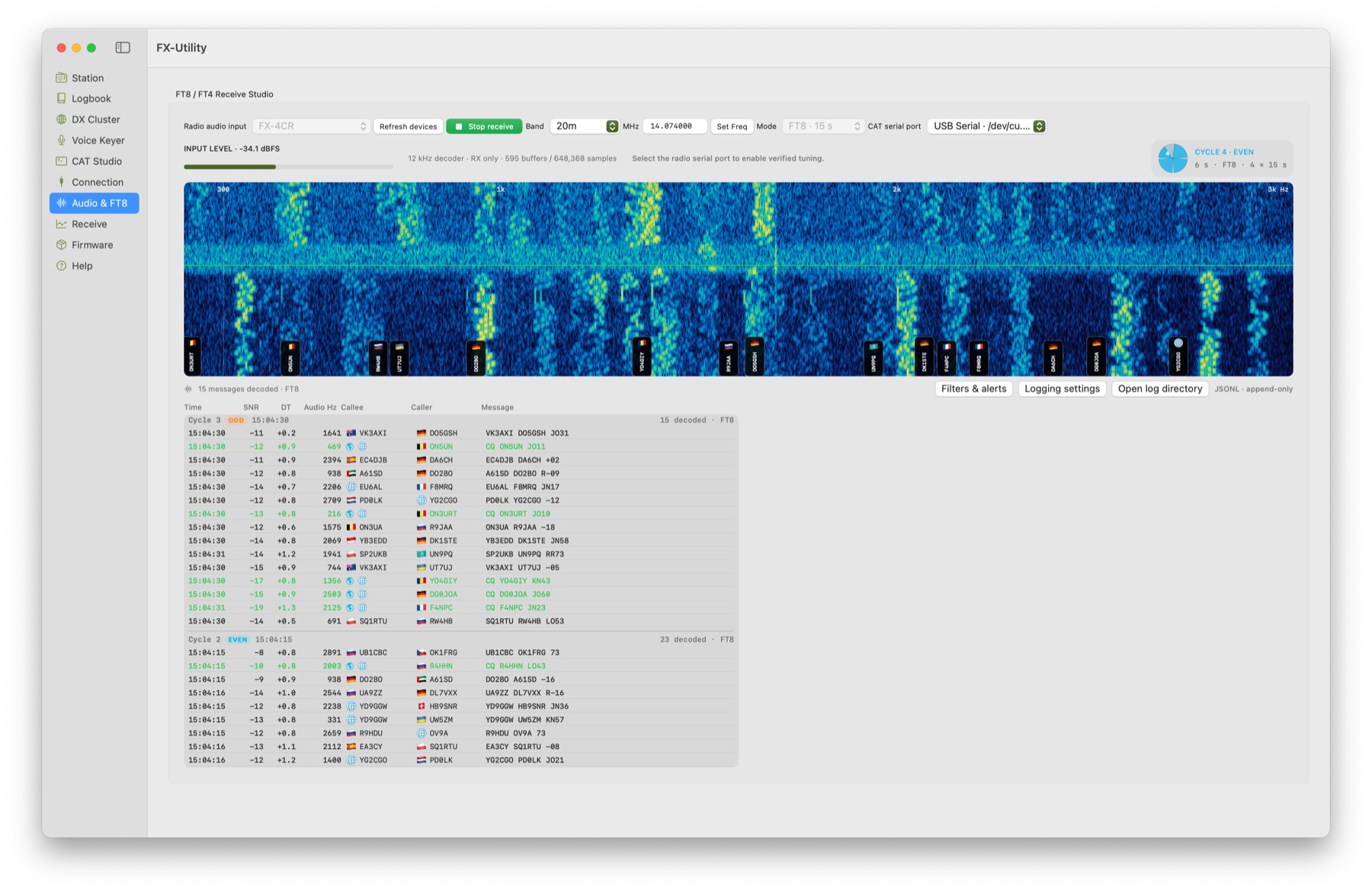 FT8 receive view with a live audio waterfall and decoded messages