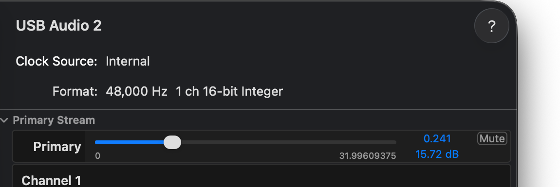 macOS Audio MIDI Setup Input volume at 24 percent