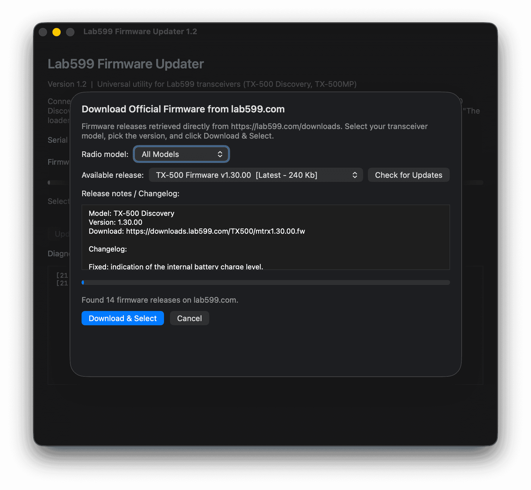 Online firmware downloader sheet fetching official releases from Lab599