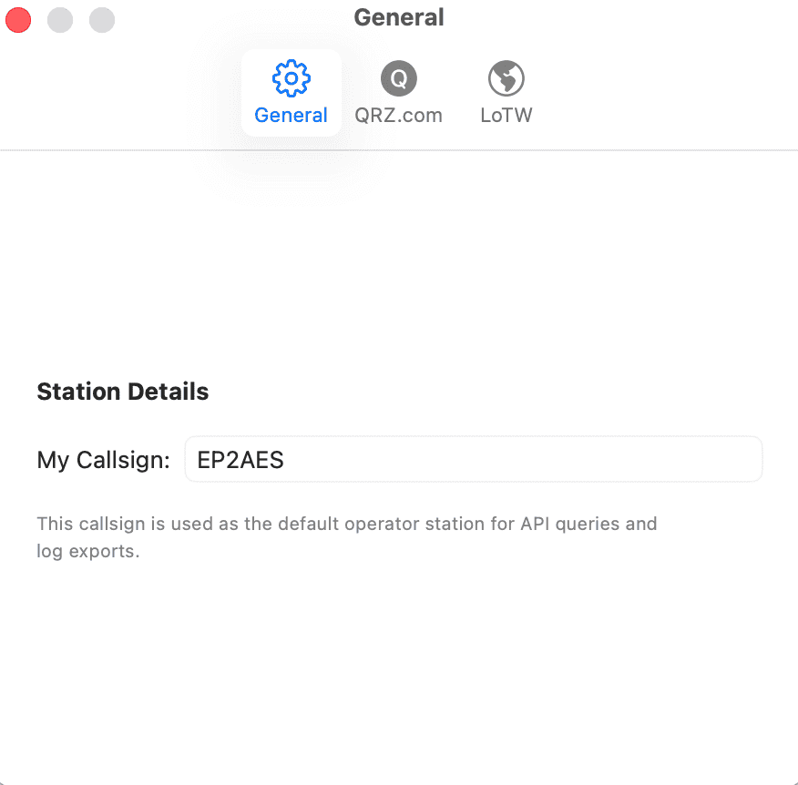 YAAM settings window for callsign and QRZ or LoTW integration