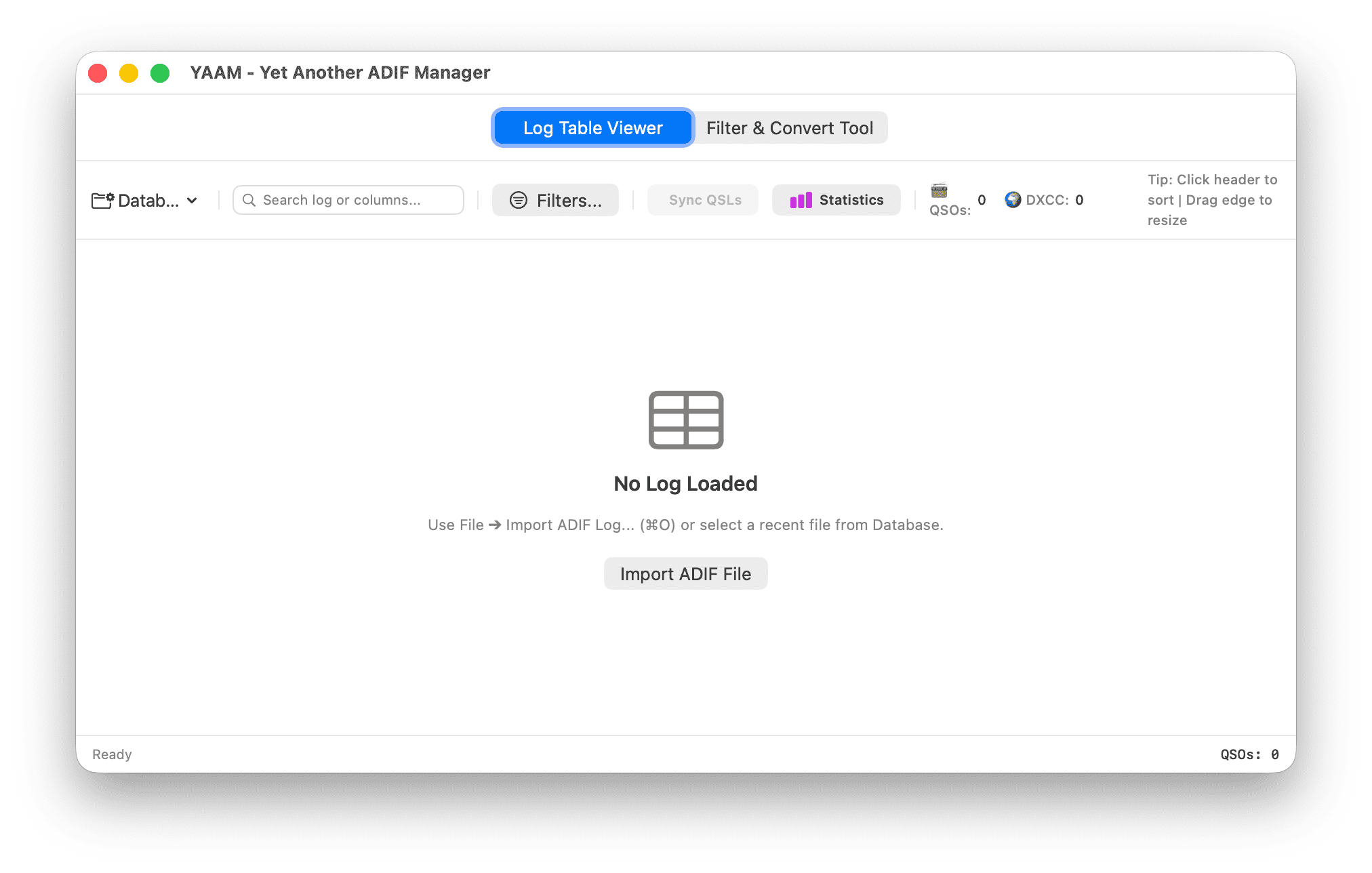 YAAM welcome screen with ADIF import controls